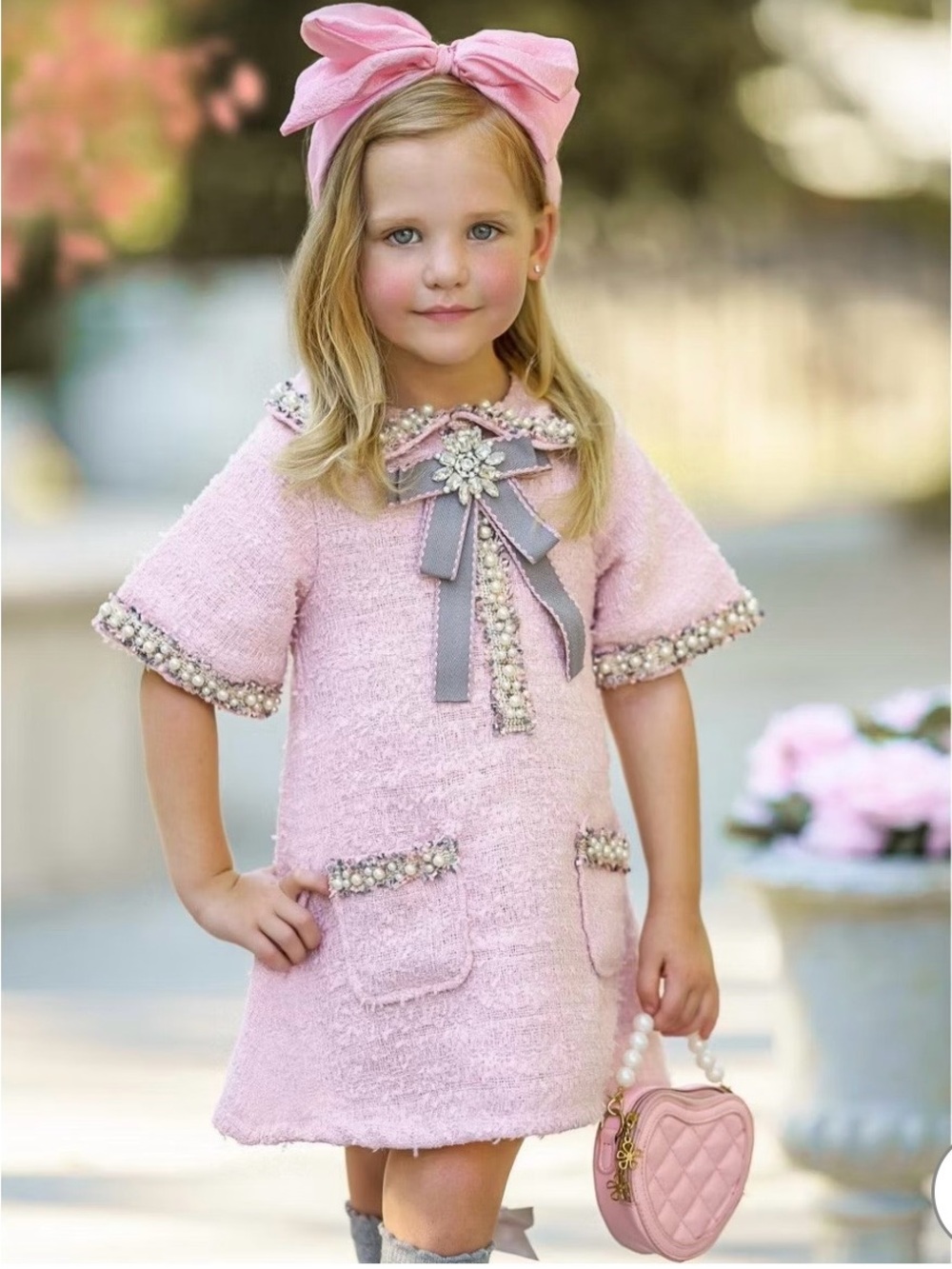 Girls Pink Tweed Dress with Pearl Bow Accent